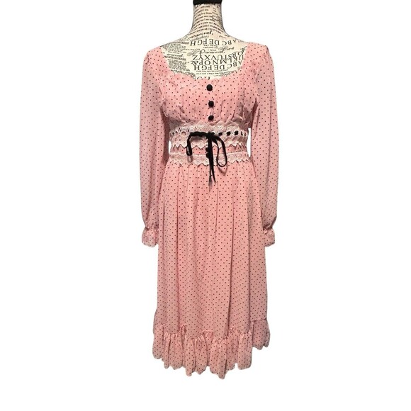Pink Black Polka Dot  Square Neck A Line Chiffon Whimsical Fairy Romantic Large - Picture 1 of 10